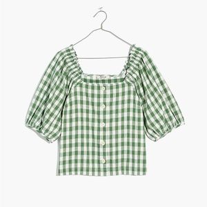 Madewell Linen-Cotton Square-Neck Button-Front Top in Gingham Check